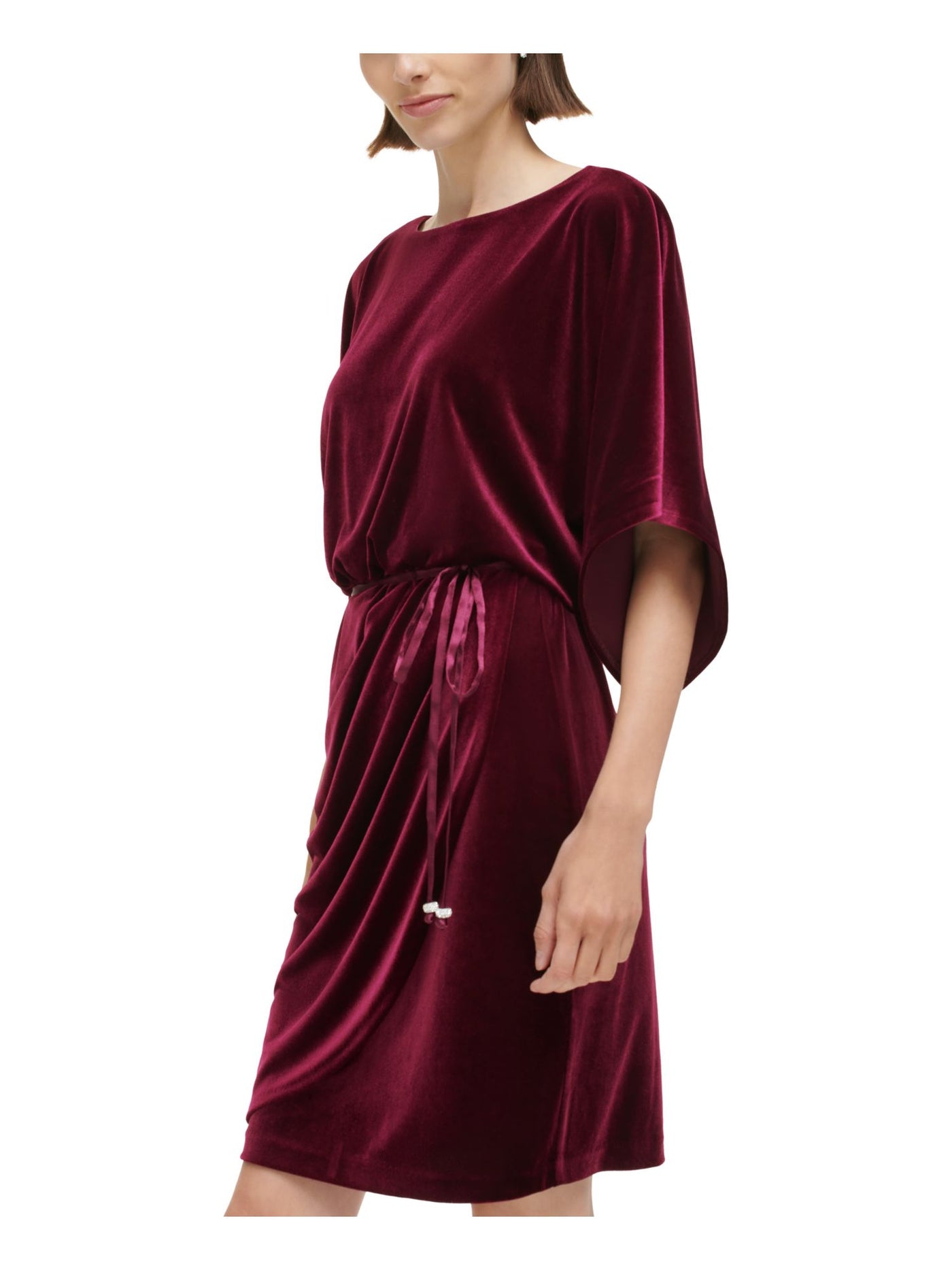 JESSICA HOWARD Womens Burgundy Belted Unlined Keyhole Back Stretch Short Sleeve Boat Neck Above The Knee Party Blouson Dress 12