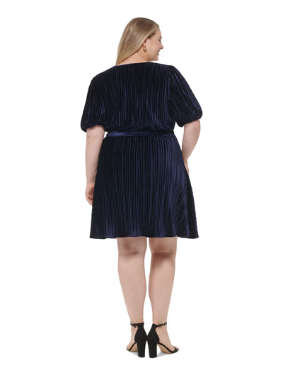 DKNY Womens Navy Ribbed Belted Balloon Sleeve Round Neck Above The Knee Cocktail Fit + Flare Dress Plus 14W