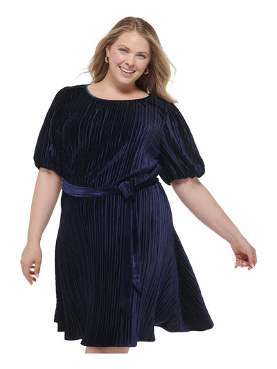 DKNY Womens Navy Ribbed Belted Balloon Sleeve Round Neck Above The Knee Cocktail Fit + Flare Dress Plus 14W