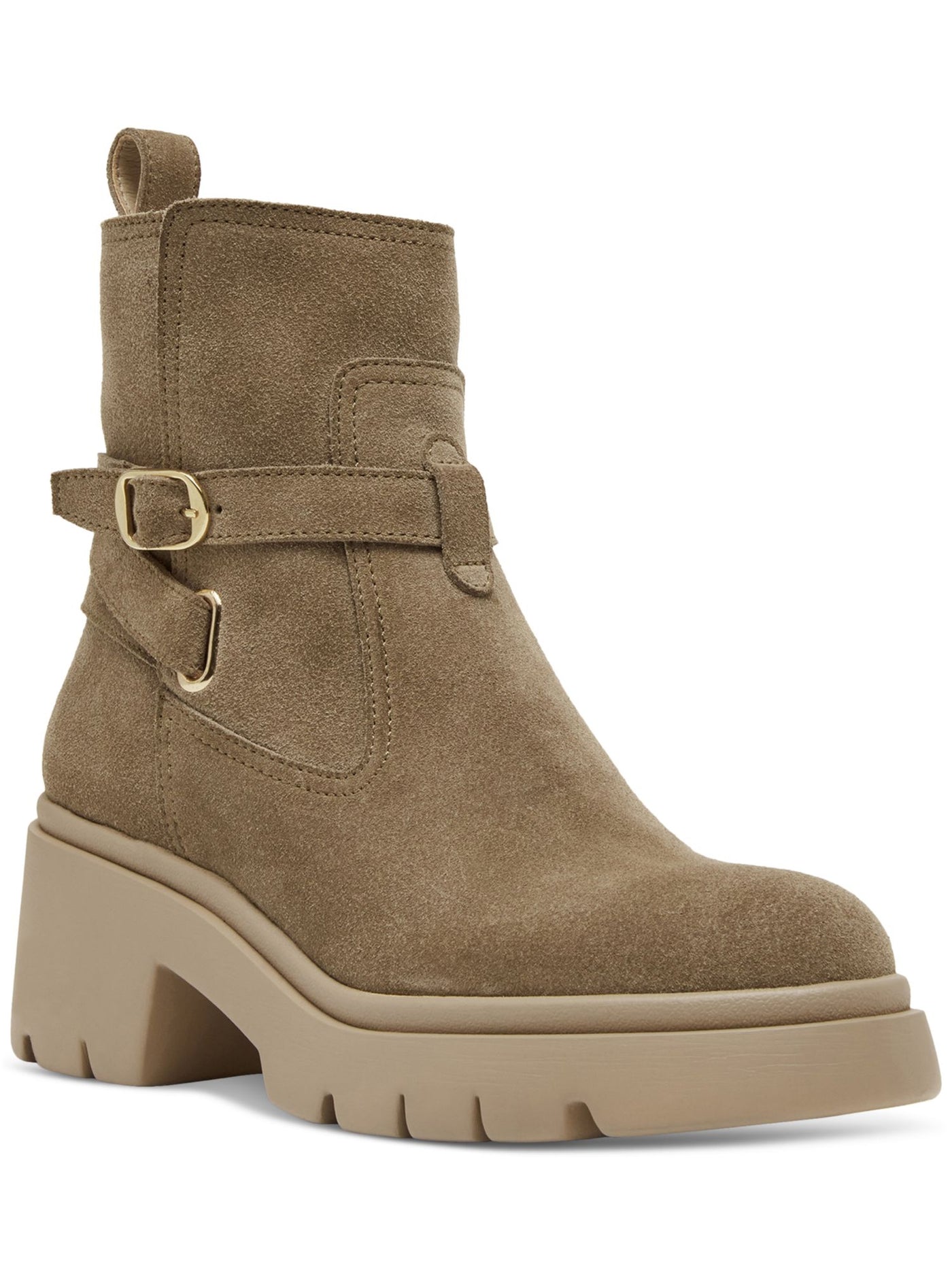 STEVE MADDEN Womens Beige Treaded Heel Pull-Tab Bucke Accent Ankle Strap Padded Lug Sole Colletta Almond Toe Zip-Up Leather Moto 7.5 M
