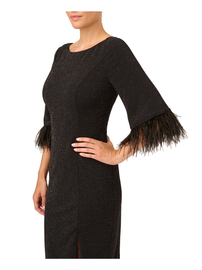 ADRIANNA PAPELL Womens Black Zippered Slitted Feathered Lined Metallic Speckle Bell Sleeve Jewel Neck Knee Length Party Sheath Dress 2