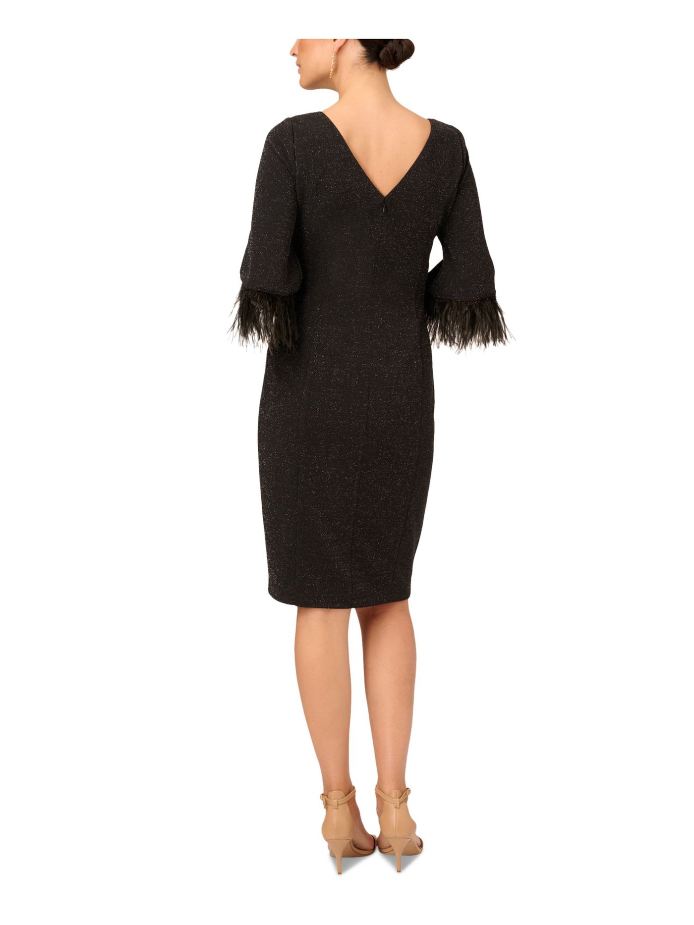ADRIANNA PAPELL Womens Black Zippered Slitted Feathered Lined Metallic Speckle Bell Sleeve Jewel Neck Knee Length Party Sheath Dress 2