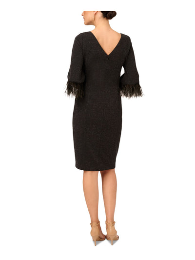 ADRIANNA PAPELL Womens Black Zippered Slitted Feathered Lined Metallic Speckle Bell Sleeve Jewel Neck Knee Length Party Sheath Dress 4