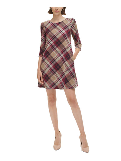 JESSICA HOWARD Womens Burgundy Lined Pocketed Buttoned Keyhole Plaid 3/4 Sleeve Round Neck Short Shift Dress M