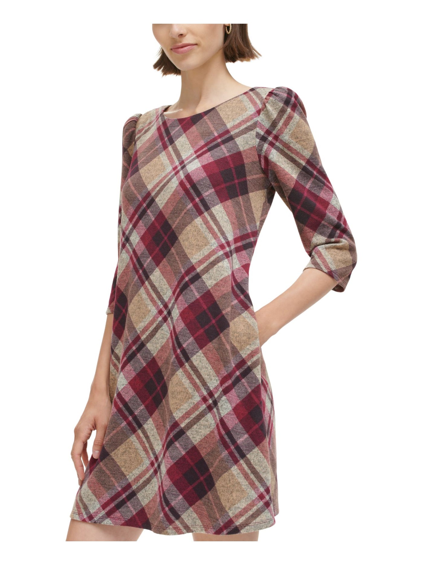 JESSICA HOWARD Womens Burgundy Lined Pocketed Buttoned Keyhole Plaid 3/4 Sleeve Round Neck Short Shift Dress M