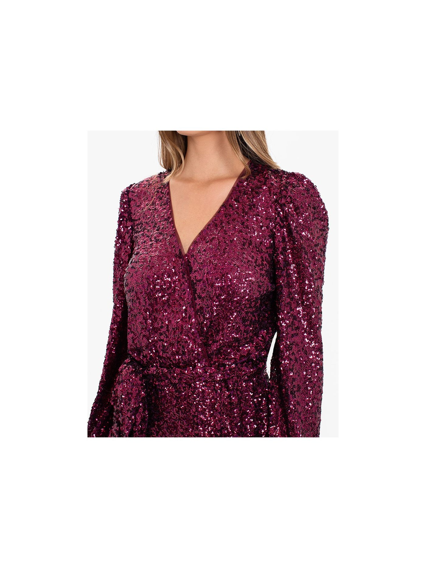 BETSY & ADAM Womens Burgundy Belted Lined Flounce Hem Pullover Blouson Sleeve Surplice Neckline Short Cocktail Fit + Flare Dress 8