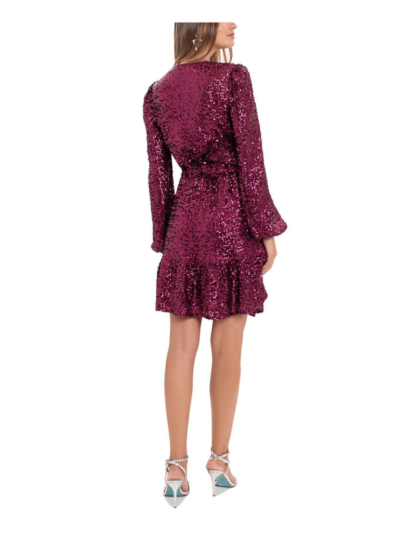 BETSY & ADAM Womens Burgundy Belted Lined Flounce Hem Pullover Blouson Sleeve Surplice Neckline Short Cocktail Fit + Flare Dress 8