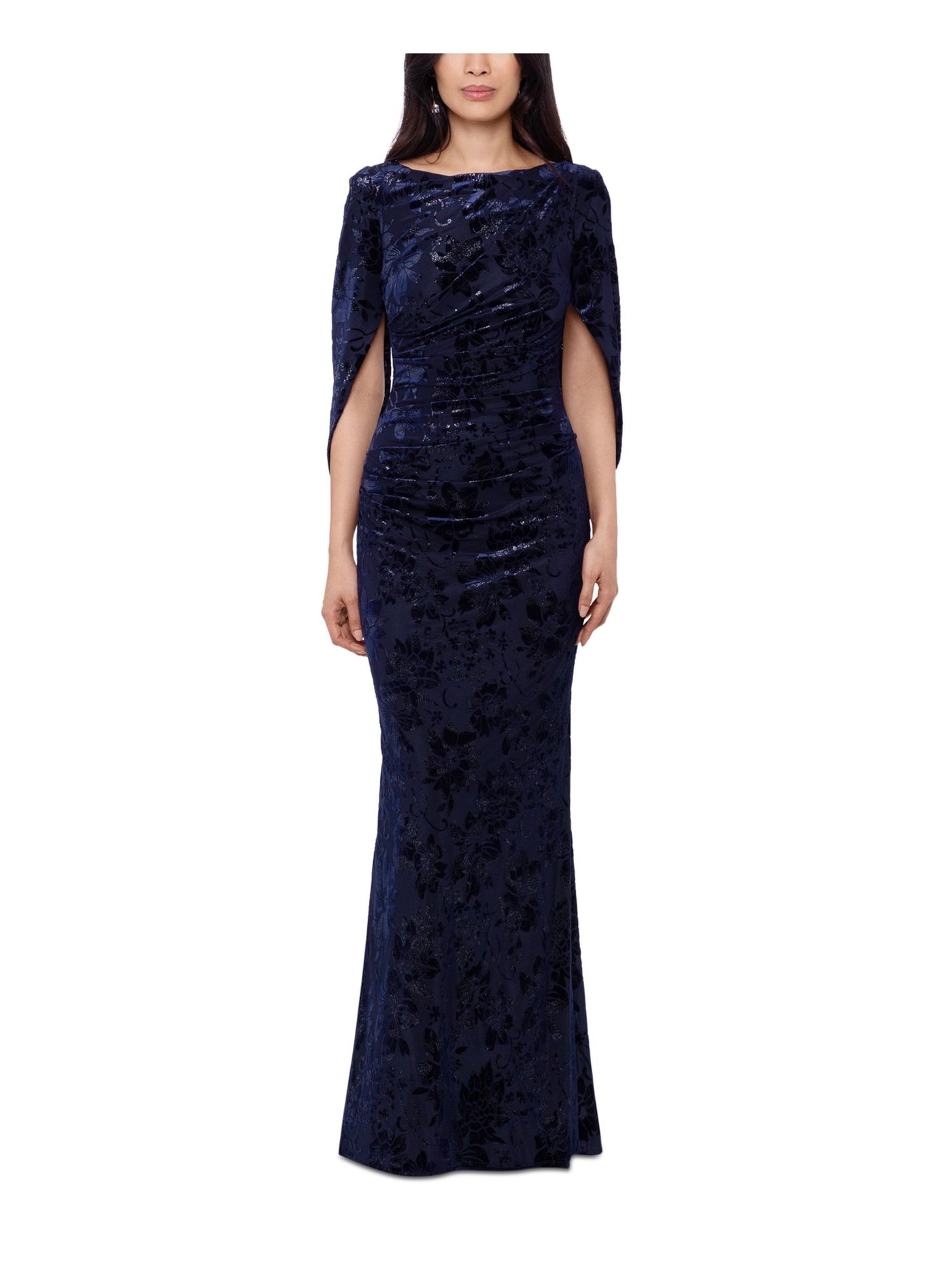 BETSY & ADAM Womens Navy Zippered Lined Split 3/4 Sleeves Draped Back Boat Neck Full-Length Evening Gown Dress 8