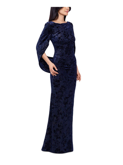 BETSY & ADAM Womens Navy Zippered Lined Split 3/4 Sleeves Draped Back Boat Neck Full-Length Evening Gown Dress 8