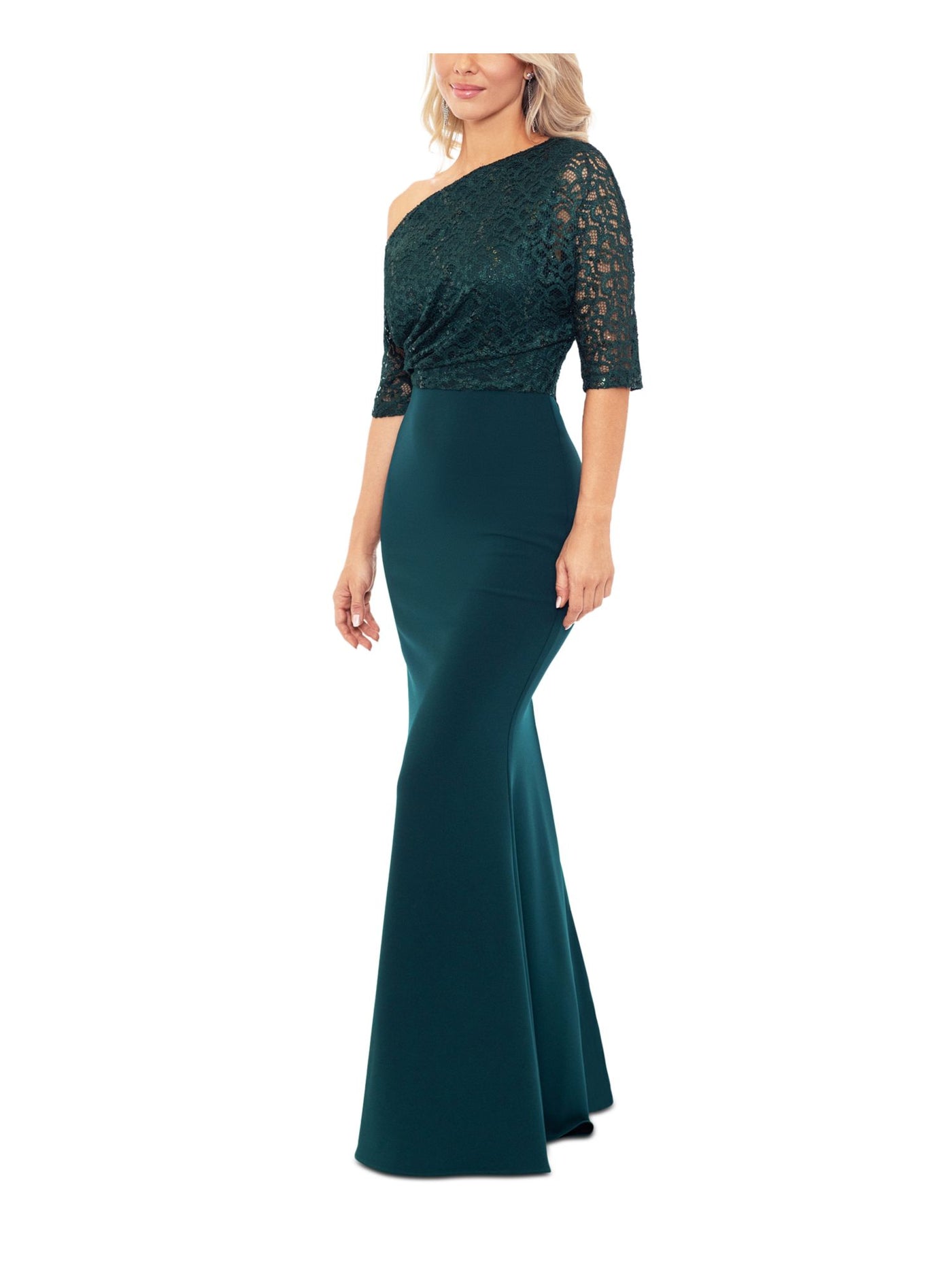 BETSY & ADAM Womens Green Zippered Lined Sequined Lace Bodice Elbow Sleeve Asymmetrical Neckline Full-Length Evening Mermaid Dress 4