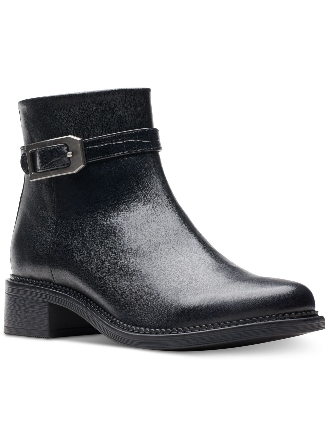 CLARKS COLLECTION Womens Black Crock Strap Padded Buckle Accent Maye Grace Round Toe Block Heel Zip-Up Leather Booties 7 M