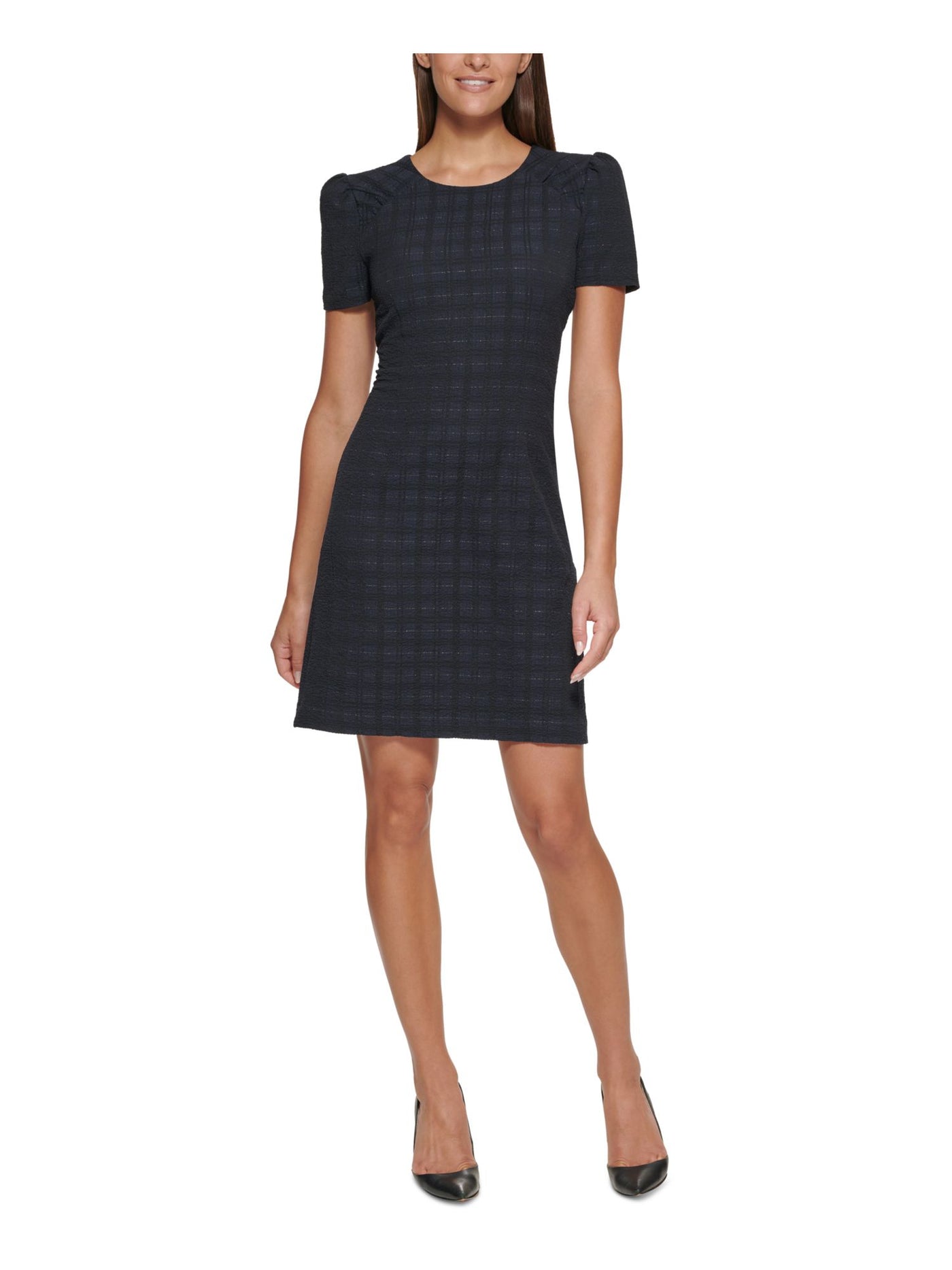 TOMMY HILFIGER Womens Navy Metallic Ruched Buttoned Keyhole Zippered Plaid Short Sleeve Round Neck Short Sheath Dress Petites 4P