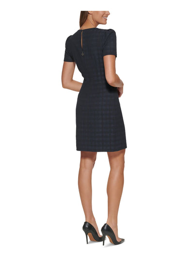 TOMMY HILFIGER Womens Navy Metallic Ruched Buttoned Keyhole Zippered Plaid Short Sleeve Round Neck Short Sheath Dress Petites 4P