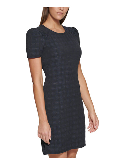 TOMMY HILFIGER Womens Navy Metallic Ruched Buttoned Keyhole Zippered Plaid Short Sleeve Round Neck Short Sheath Dress Petites 4P