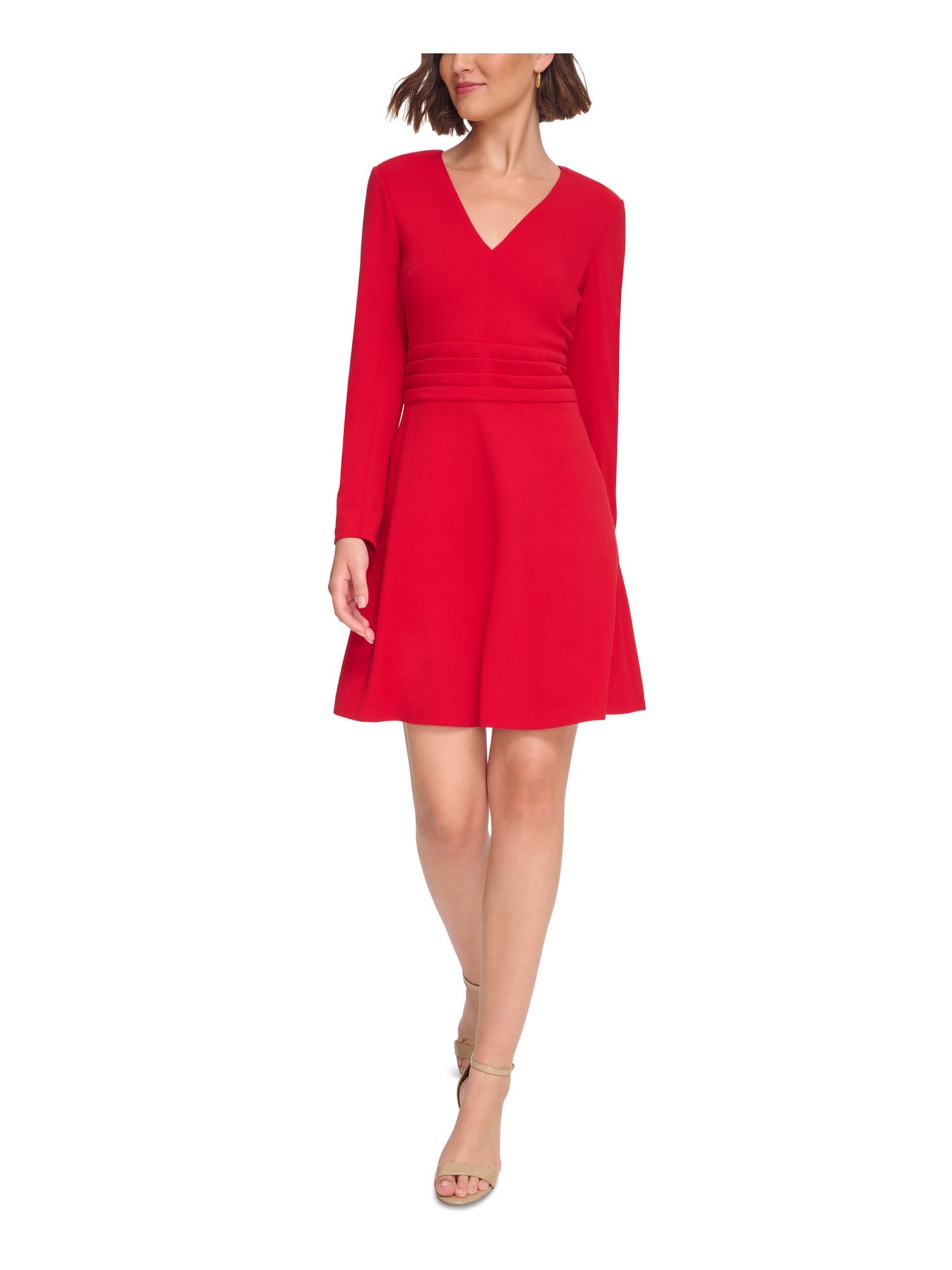 TOMMY HILFIGER Womens Red Zippered Pleated Zipped Sleeves Long Sleeve V Neck Short Wear To Work Fit + Flare Dress Petites 6P