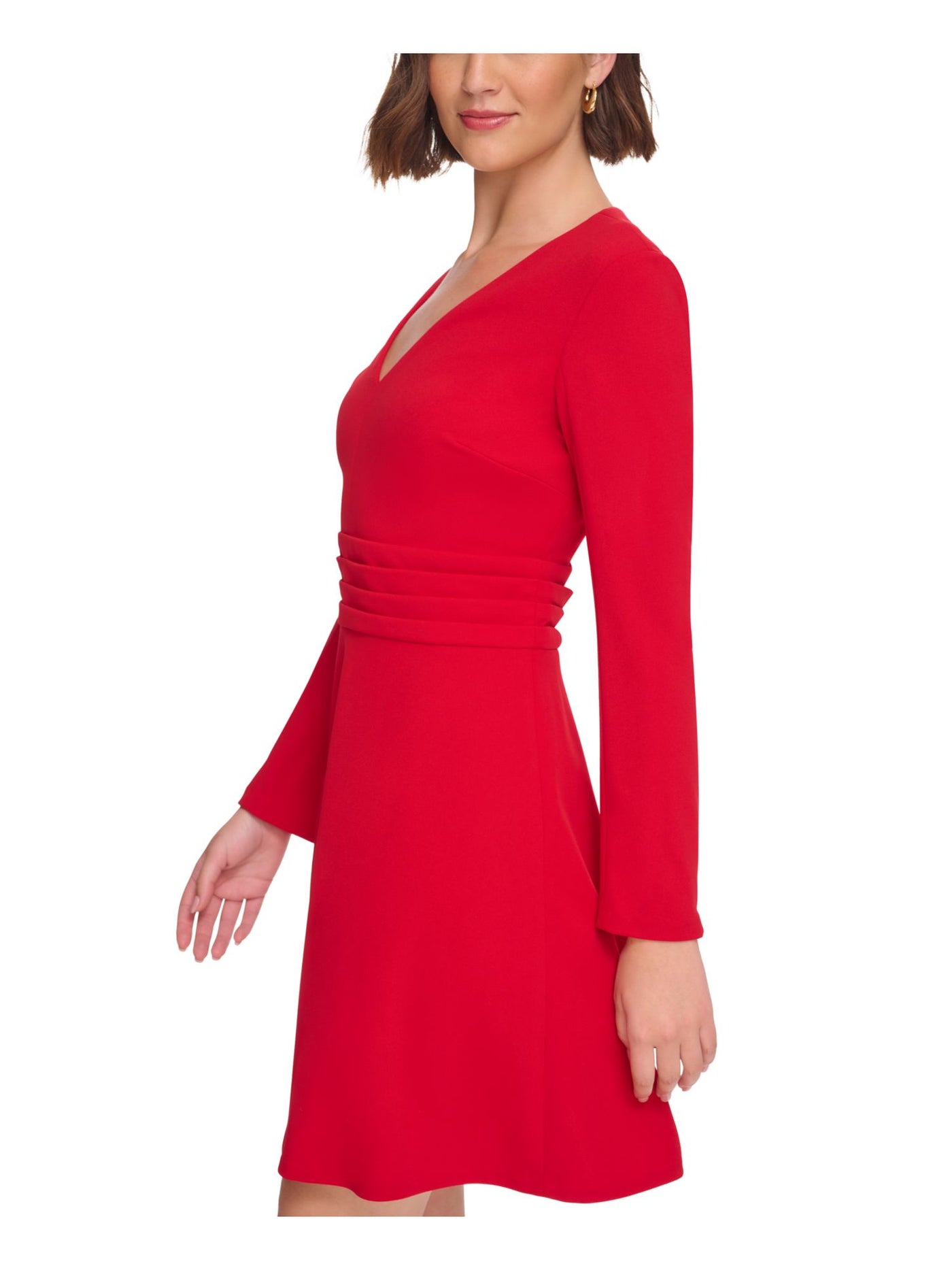 TOMMY HILFIGER Womens Red Zippered Pleated Zipped Sleeves Long Sleeve V Neck Short Wear To Work Fit + Flare Dress Petites 6P