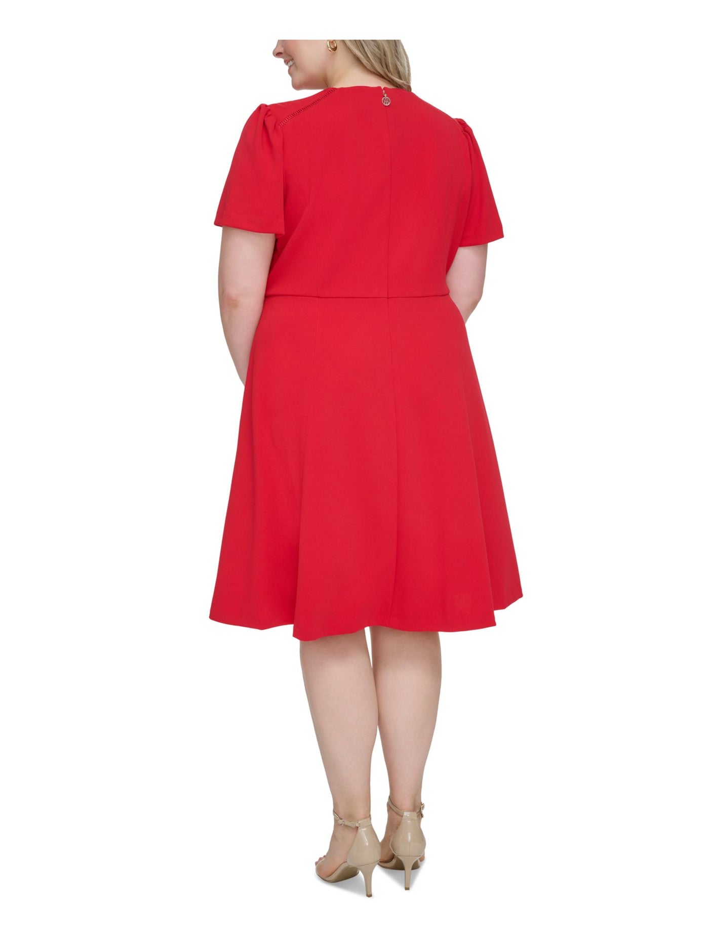 TOMMY HILFIGER Womens Red Zippered Keyhole Ladder Trim Shirred Slee Short Sleeve Round Neck Knee Length Fit + Flare Dress Plus 14W