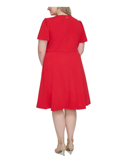 TOMMY HILFIGER Womens Red Zippered Keyhole Ladder Trim Shirred Slee Short Sleeve Round Neck Knee Length Fit + Flare Dress Plus 14W