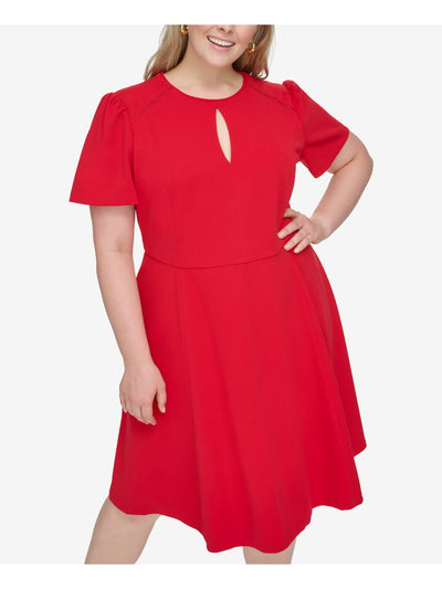TOMMY HILFIGER Womens Red Zippered Keyhole Ladder Trim Shirred Slee Short Sleeve Round Neck Knee Length Fit + Flare Dress Plus 14W