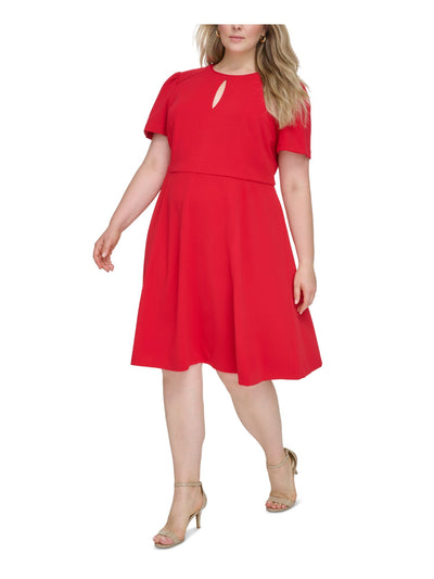 TOMMY HILFIGER Womens Red Zippered Keyhole Ladder Trim Shirred Slee Short Sleeve Round Neck Knee Length Fit + Flare Dress Plus 14W