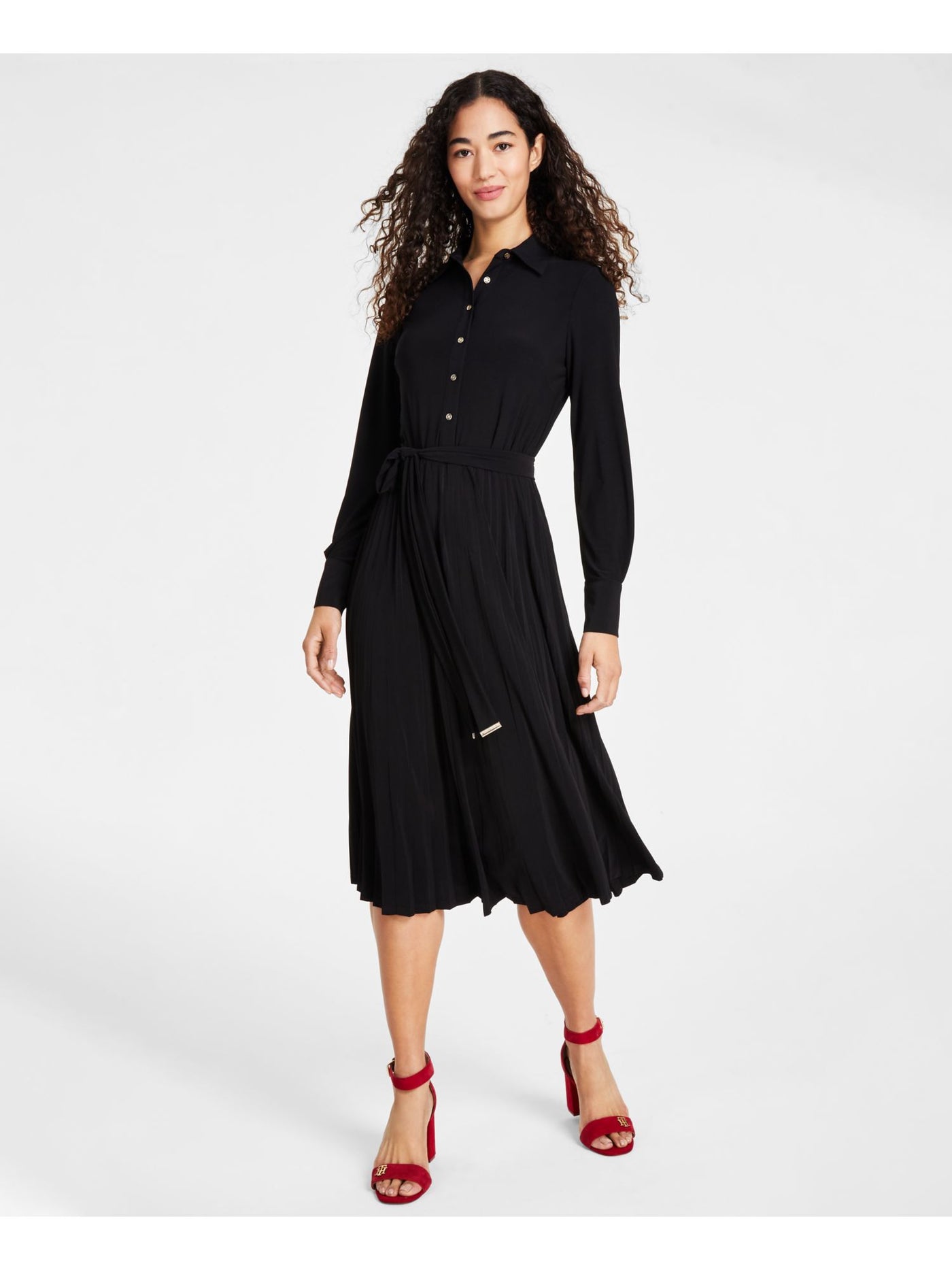 TOMMY HILFIGER Womens Black Pleated Unlined Button Top Tie-belt Cuffed Sleeve Collared Midi Wear To Work Shirt Dress 2