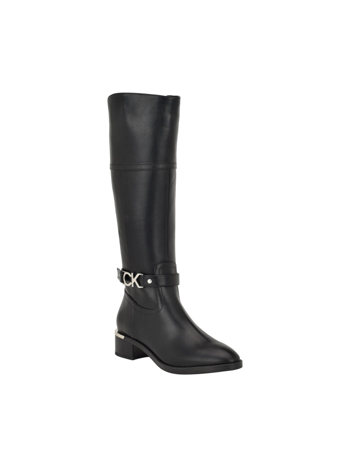 CALVIN KLEIN Womens Black Logo Hardware Strap Goring Padded Daphny Pointy Toe Block Heel Zip-Up Dress Riding Boot 7.5 M