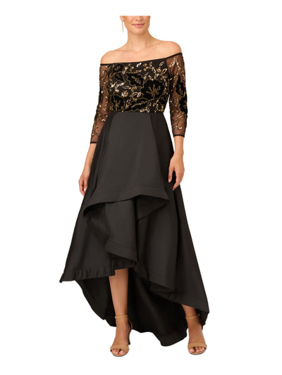 ADRIANNA PAPELL Womens Black Beaded Zippered Pleated Pocketed Hi-lo Skirt 3/4 Sleeve Off Shoulder Full-Length Formal Gown Dress Petites 2P