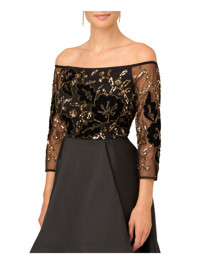ADRIANNA PAPELL Womens Black Beaded Zippered Pleated Pocketed Hi-lo Skirt 3/4 Sleeve Off Shoulder Full-Length Formal Gown Dress Petites 2P