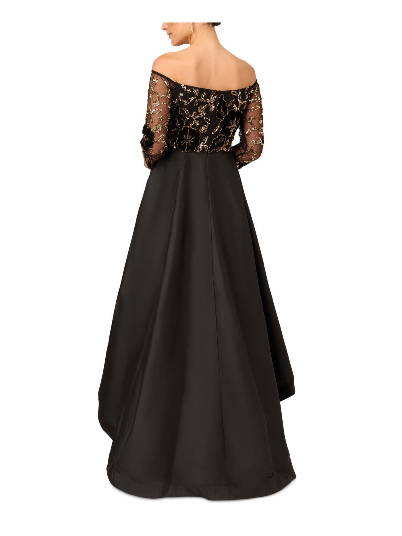 ADRIANNA PAPELL Womens Black Beaded Zippered Pleated Pocketed Hi-lo Skirt 3/4 Sleeve Off Shoulder Full-Length Formal Gown Dress Petites 2P