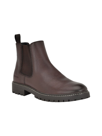 CALVIN KLEIN Mens Brown Padded Back Pull-Tab Lug Sole Goring Letrel Almond Toe Block Heel Chelsea Boot 9