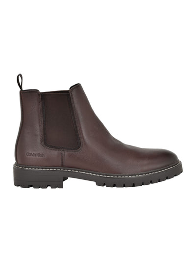 CALVIN KLEIN Mens Brown Padded Back Pull-Tab Lug Sole Goring Letrel Almond Toe Block Heel Chelsea Boot 9