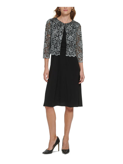 JESSICA HOWARD PETITES Womens Black Scalloped Lined Hook And Eye Closure 3/4 Sleeve Round Neck Wear To Work Cardigan Petites 10P