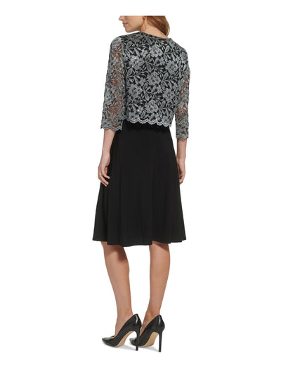 JESSICA HOWARD PETITES Womens Black Scalloped Lined Hook And Eye Closure 3/4 Sleeve Round Neck Wear To Work Cardigan Petites 10P