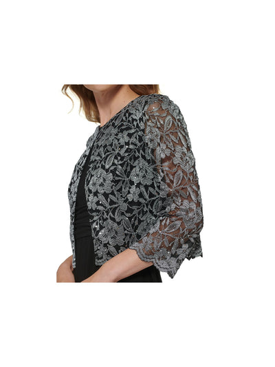 JESSICA HOWARD PETITES Womens Black Scalloped Lined Hook And Eye Closure 3/4 Sleeve Round Neck Wear To Work Cardigan Petites 10P