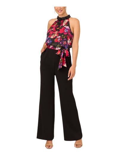 ADRIANNA PAPELL Womens Black Zippered Beaded Metallic Floral Top Tie Belt Poc Sleeveless Halter Wear To Work Wide Leg Jumpsuit 10
