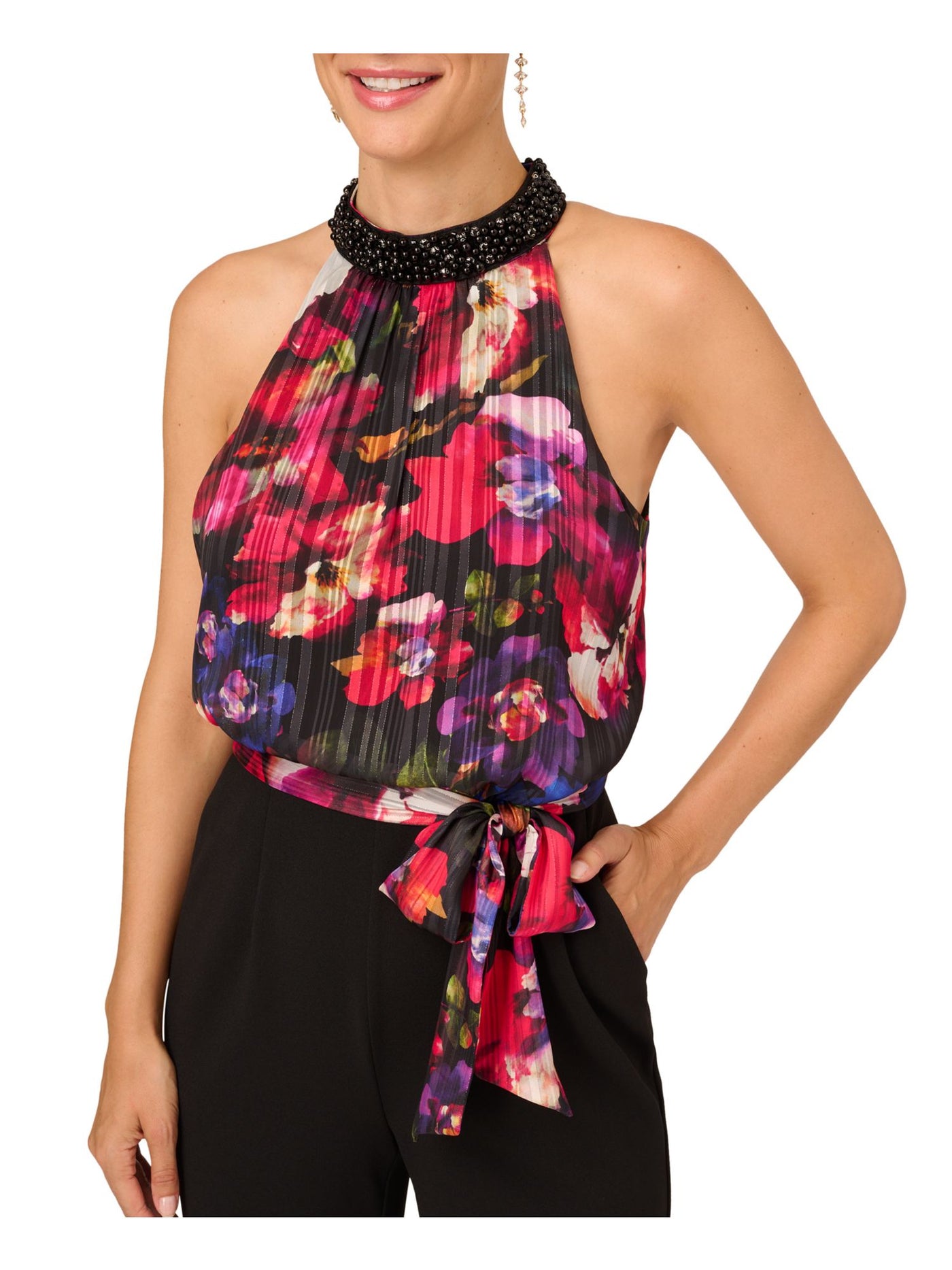 ADRIANNA PAPELL Womens Black Zippered Beaded Metallic Floral Top Tie Belt Poc Sleeveless Halter Wear To Work Wide Leg Jumpsuit 10