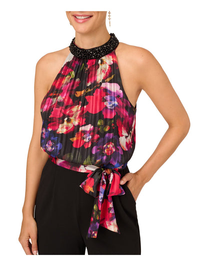 ADRIANNA PAPELL Womens Black Zippered Beaded Metallic Floral Top Tie Belt Poc Sleeveless Halter Wear To Work Wide Leg Jumpsuit 10