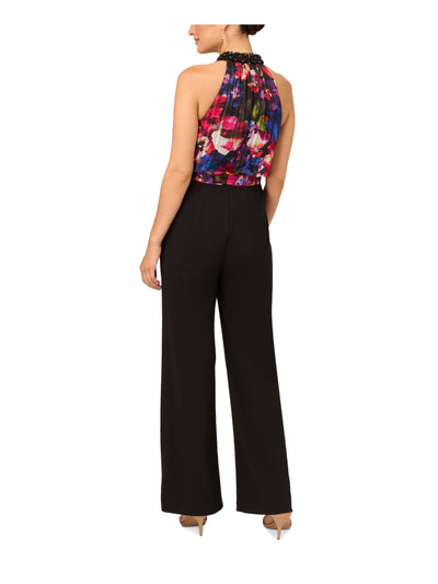 ADRIANNA PAPELL Womens Black Zippered Beaded Metallic Floral Top Tie Belt Poc Sleeveless Halter Wear To Work Wide Leg Jumpsuit 10