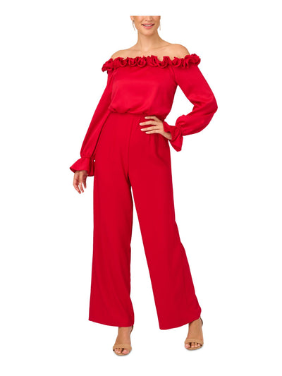 ADRIANNA PAPELL Womens Red Ruffled Zippered Long Sleeve Off Shoulder Party Wide Leg Jumpsuit 14