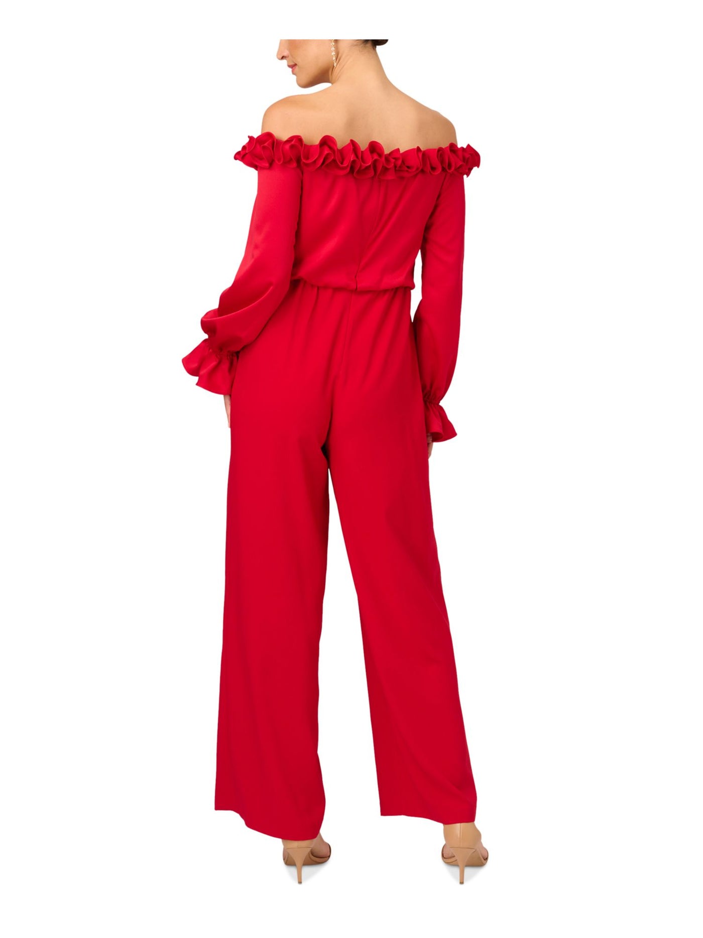 ADRIANNA PAPELL Womens Red Ruffled Zippered Long Sleeve Off Shoulder Party Wide Leg Jumpsuit 14