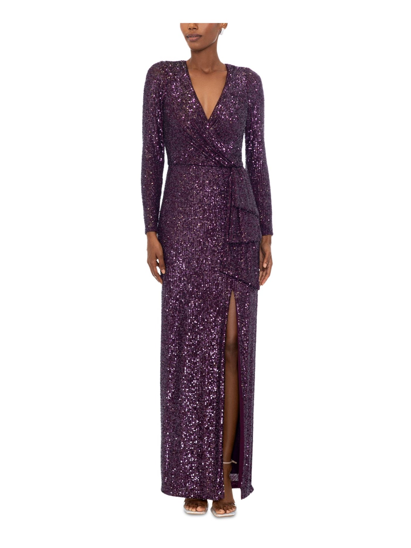 XSCAPE Womens Purple Zippered Lined Drape Accent High Slit Long Sleeve V Neck Full-Length Formal Fit + Flare Dress 4