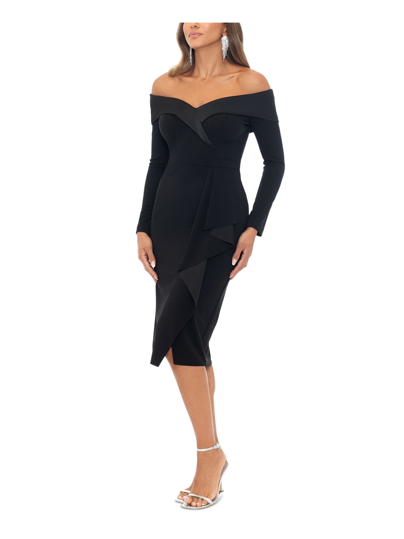 XSCAPE Womens Black Zippered Ruffled Faux-wrap Skirt Long Sleeve Off Shoulder Midi Party Sheath Dress 4