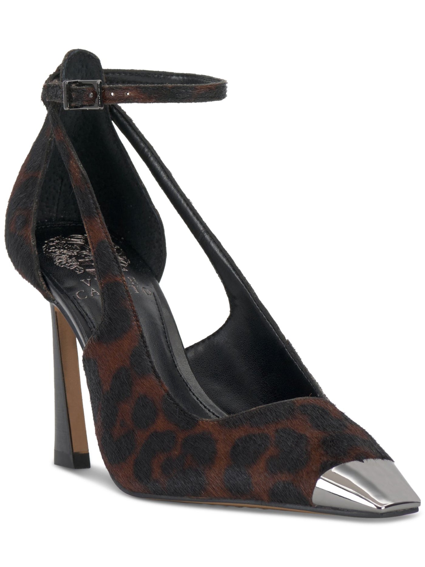 VINCE CAMUTO Womens Brown Animal Print Metallic Padded Ankle Strap Sachel Cap Toe Flare Buckle Dress Pumps Shoes 6.5 M