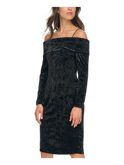 CALVIN KLEIN Womens Black Zippered Lined Adjustable Shoulder Straps Long Sleeve Off Shoulder Knee Length Cocktail Sheath Dress 6