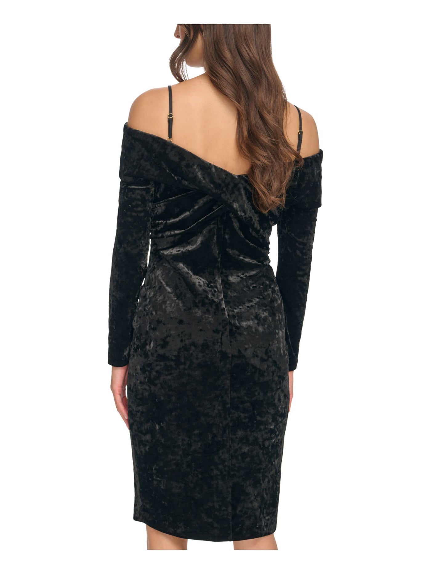 CALVIN KLEIN Womens Black Zippered Lined Adjustable Shoulder Straps Long Sleeve Off Shoulder Knee Length Cocktail Sheath Dress 6