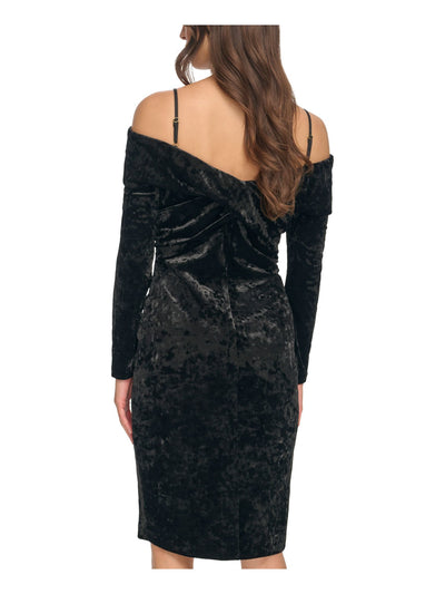 CALVIN KLEIN Womens Black Zippered Lined Adjustable Shoulder Straps Long Sleeve Off Shoulder Knee Length Cocktail Sheath Dress 6