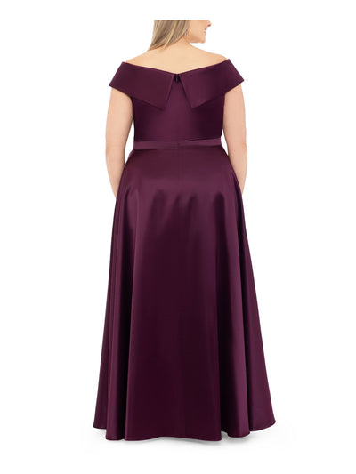 XSCAPE Womens Purple Zippered Lined Padded Slitted Short Sleeve Off Shoulder Full-Length Formal Fit + Flare Dress Plus 16W