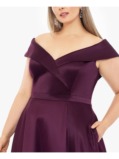 XSCAPE Womens Purple Zippered Lined Padded Slitted Short Sleeve Off Shoulder Full-Length Formal Fit + Flare Dress Plus 16W