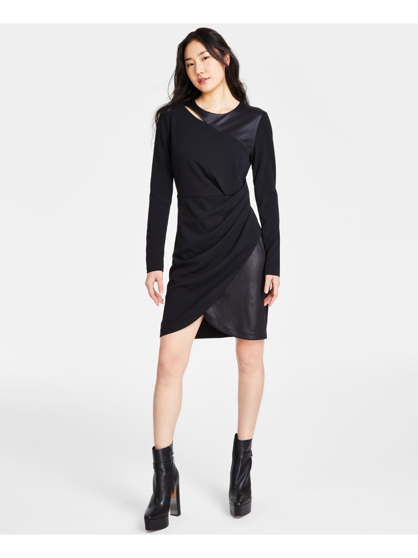 DKNY Womens Black Zippered Cut Out Glazed Jersey Pleated Long Sleeve Crew Neck Short Cocktail Sheath Dress 6