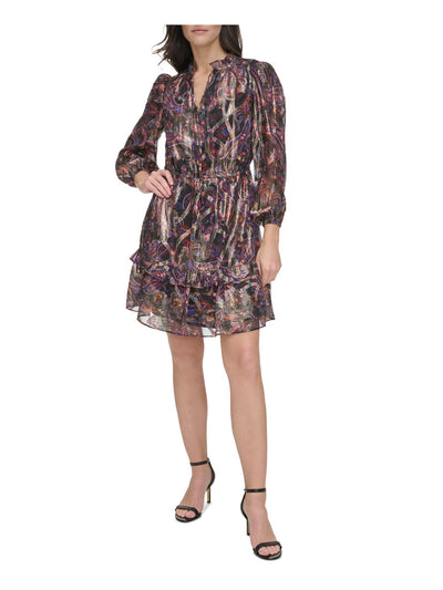 VINCE CAMUTO Womens Black Tie Metallic Lined Ruffled Pull-on Paisley Long Sleeve Split Short Fit + Flare Dress Petites 2P